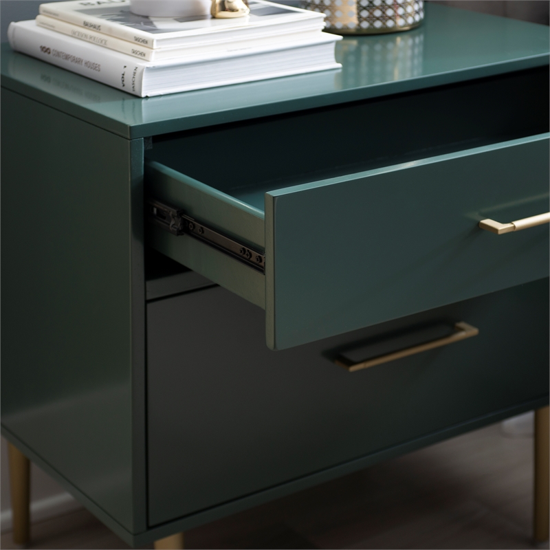 Pemberly Row Wooden Nightstand with Gold Accents in Dark Green Finish