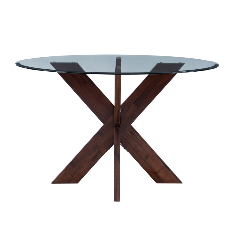 Pemberly Row 5-Piece Round Glass Dining Set with Gray Chairs & Espresso Base
