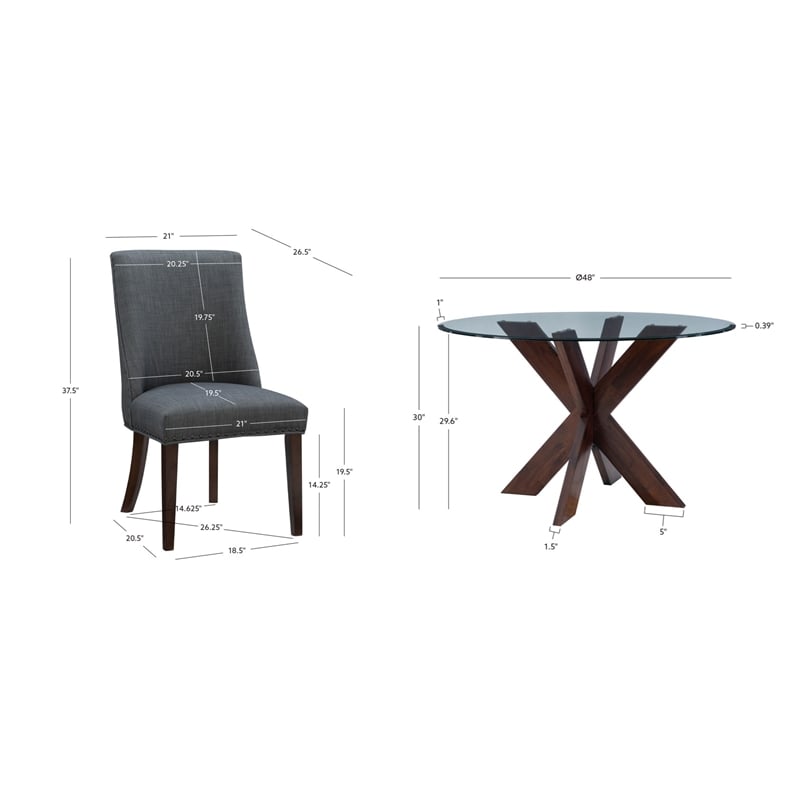 Pemberly Row 5-Piece Round Glass Dining Set with Gray Chairs & Espresso Base
