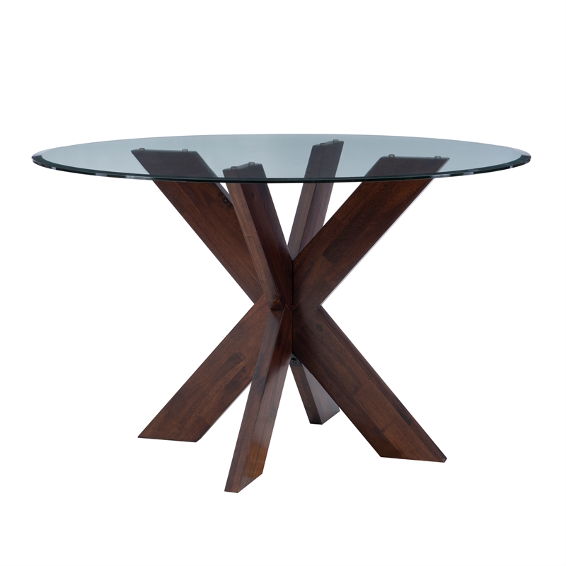 Pemberly Row 5-Piece Round Glass Dining Set with Gray Chairs & Espresso Base