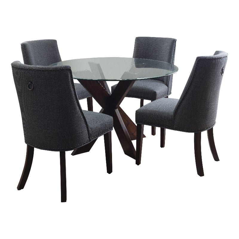Pemberly Row 5-Piece Round Glass Dining Set with Gray Chairs & Espresso Base
