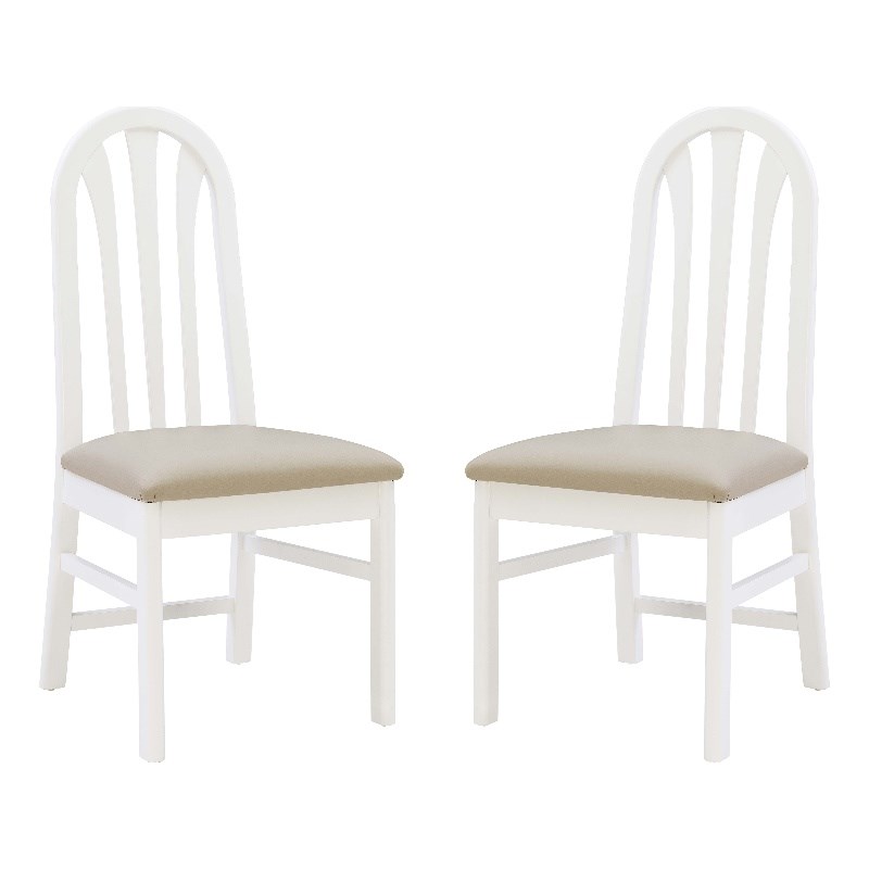 Pemberly Row Set of 2 Faux Leather Slat Back Dining Chairs in White Wood