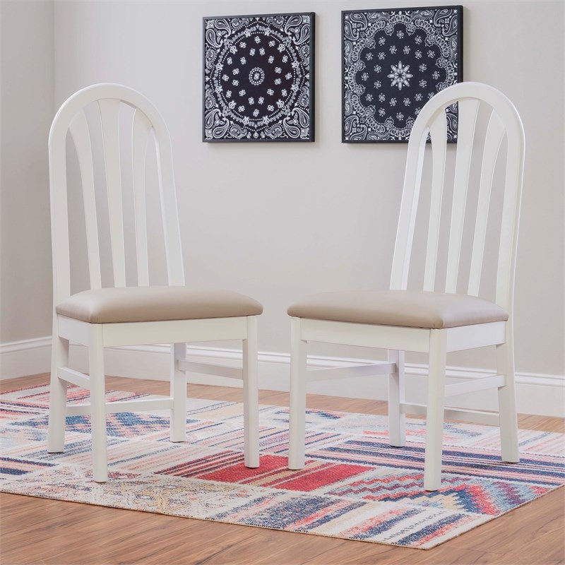 Pemberly Row Set of 2 Faux Leather Slat Back Dining Chairs in White Wood