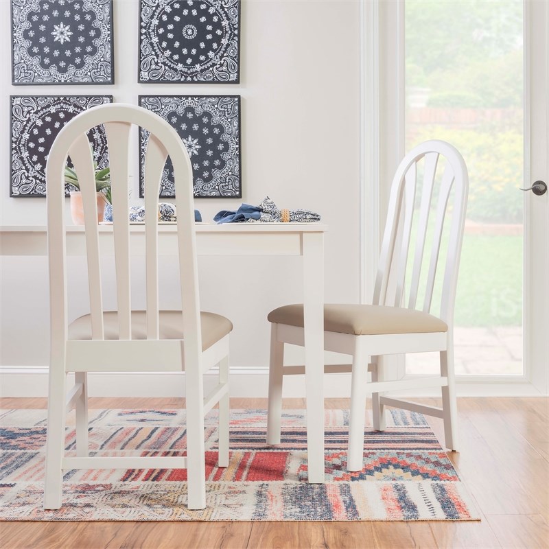 Pemberly Row Set of 2 Faux Leather Slat Back Dining Chairs in White Wood