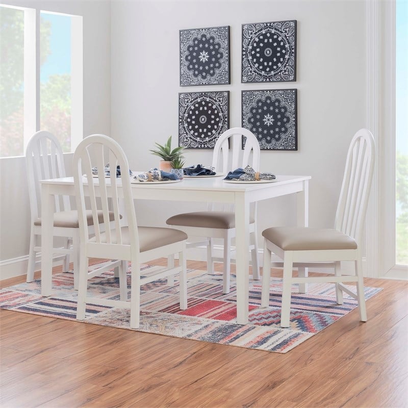 Pemberly Row Set of 2 Faux Leather Slat Back Dining Chairs in White Wood