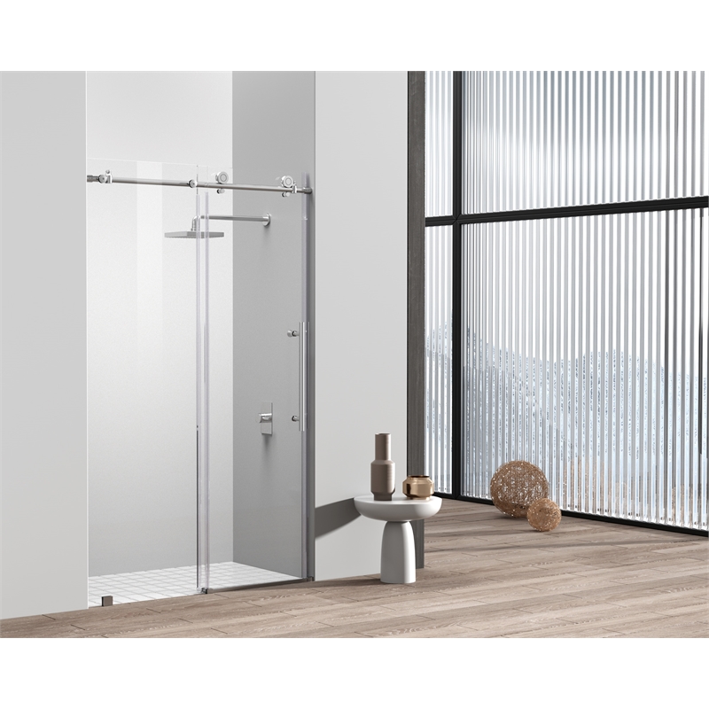 Pemberly Row Stainless Steel Frameless Shower Door in Chrome 48