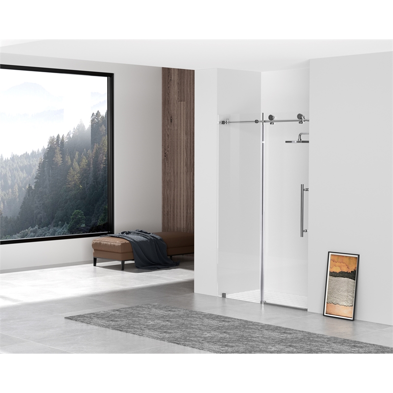 Pemberly Row Stainless Steel Frameless Shower Door in Chrome 48