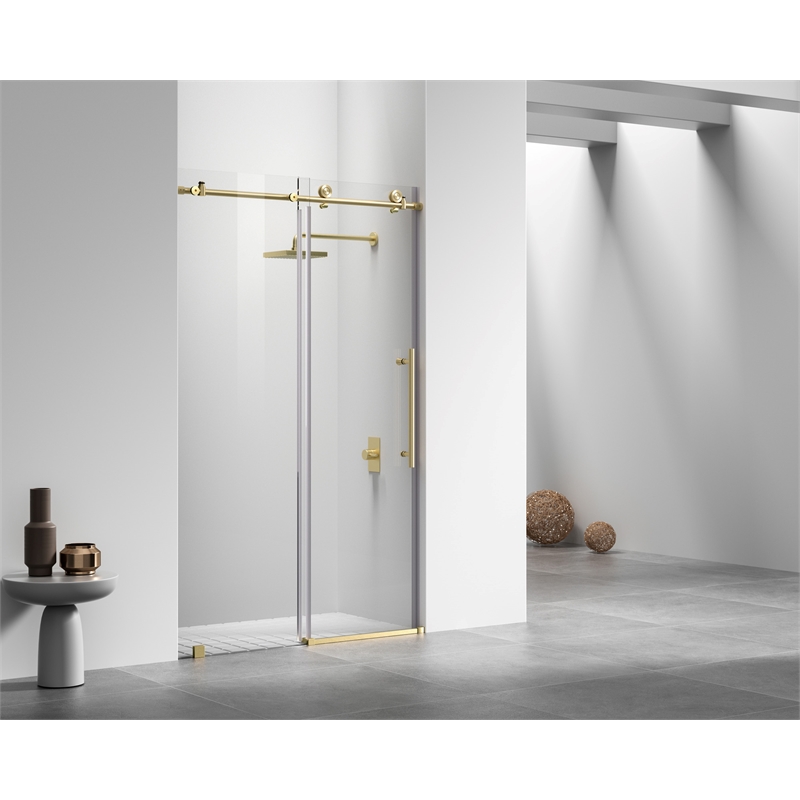 Pemberly Row Stainless Steel Frameless Shower Door in Brushed Gold 48