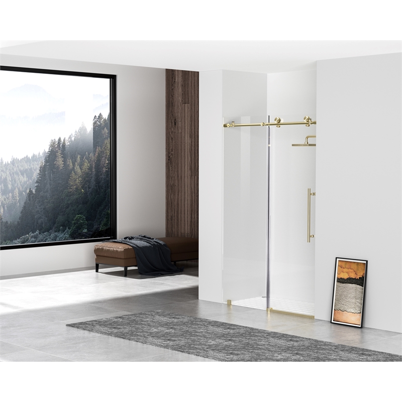 Pemberly Row Stainless Steel Frameless Shower Door in Brushed Gold 48