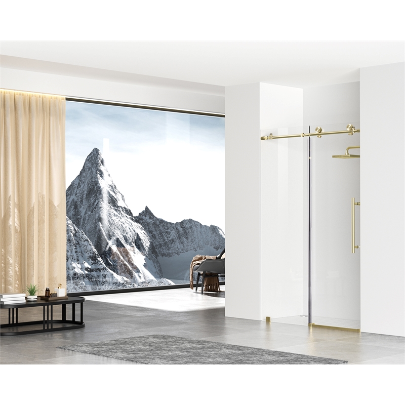 Pemberly Row Stainless Steel Frameless Shower Door in Brushed Gold 48