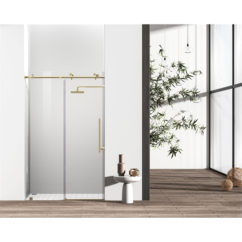 Pemberly Row Stainless Steel Frameless Shower Door in Brushed Gold 48