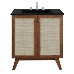 Pemberly Row 30&quot Bathroom Vanity with Rattan Doors in Walnut and Black Finish