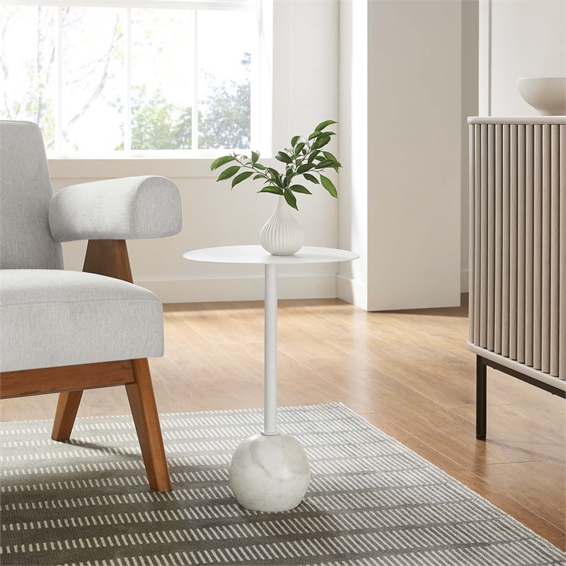 Pemberly Row Side Table Round Iron Metal and Marble White Finish