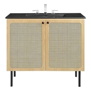 Pemberly Row 48&quot Wood & Rattan Bathroom Vanity Cabinet in Oak and Black