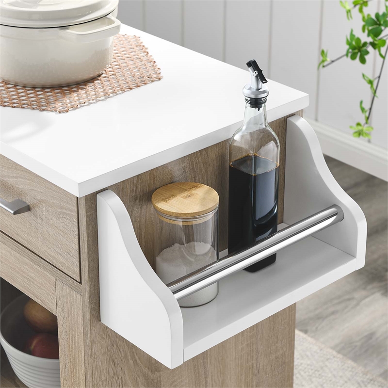 Pemberly Row Culinary Kitchen Cart with Spice Rack in Oak and White