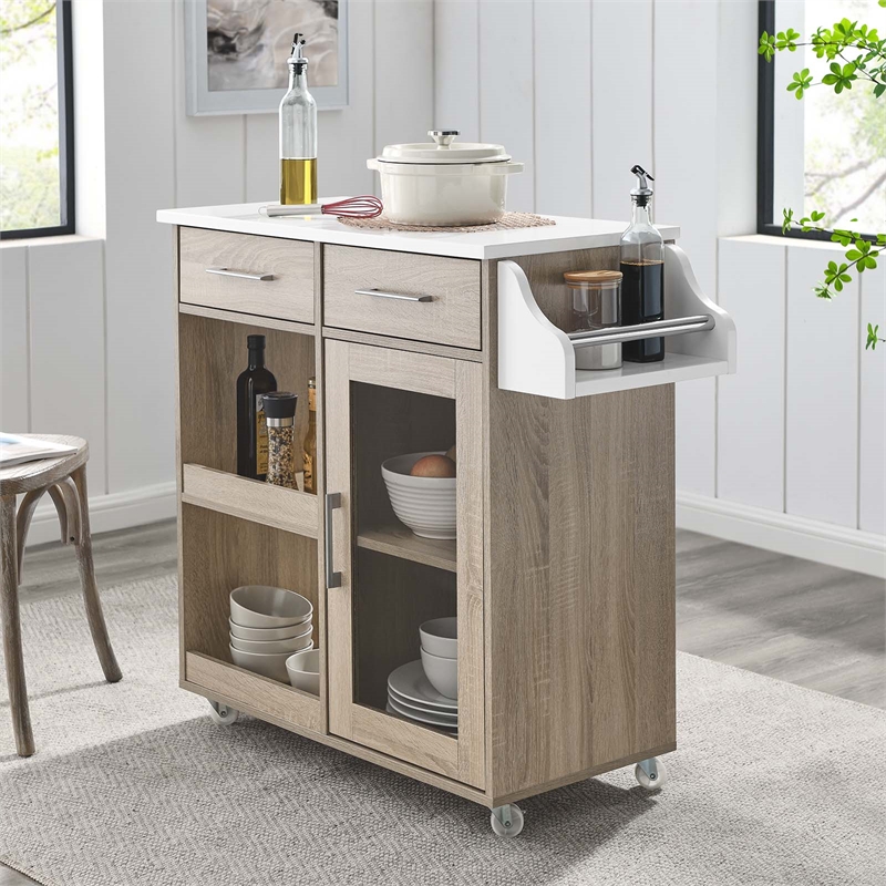 Pemberly Row Culinary Kitchen Cart with Spice Rack in Oak and White