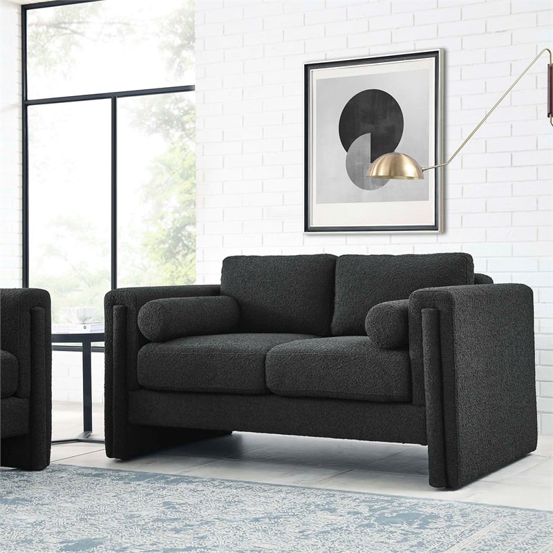 Pemberly Row Upholstered Boucle Fabric Loveseat with Pocket Coils in Black
