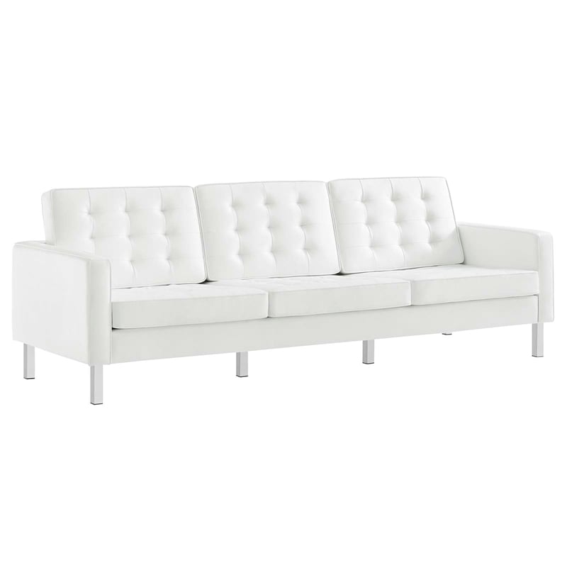 Pemberly Row Tufted Vegan Leather Sofa with Ottoman in White & Silver