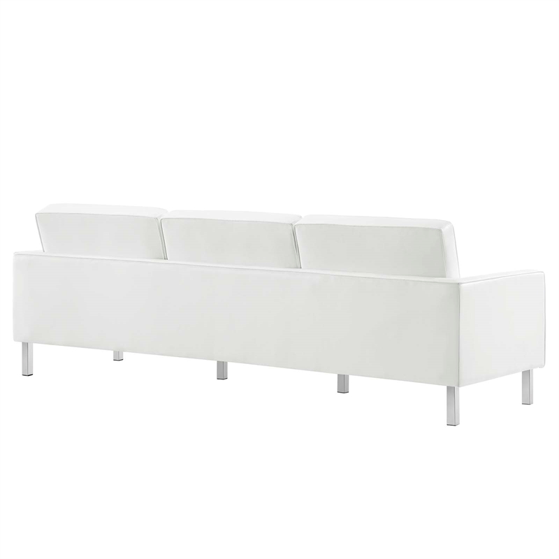 Pemberly Row Tufted Vegan Leather Sofa with Ottoman in White & Silver