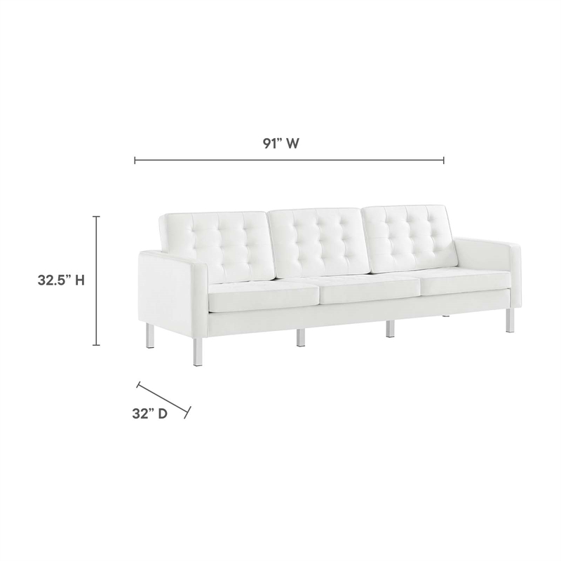 Pemberly Row Tufted Vegan Leather Sofa with Ottoman in White & Silver