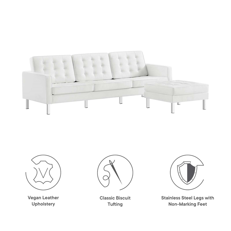 Pemberly Row Tufted Vegan Leather Sofa with Ottoman in White & Silver