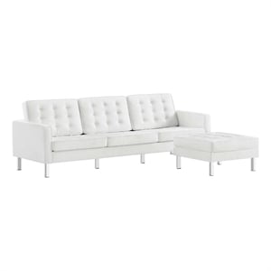 Pemberly Row Tufted Vegan Leather Sofa with Ottoman in White & Silver