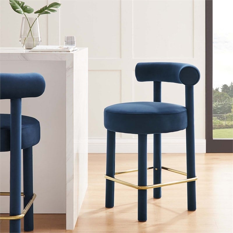Pemberly Row Velvet Counter Stool in Navy and Gold with Dense Foam Padding