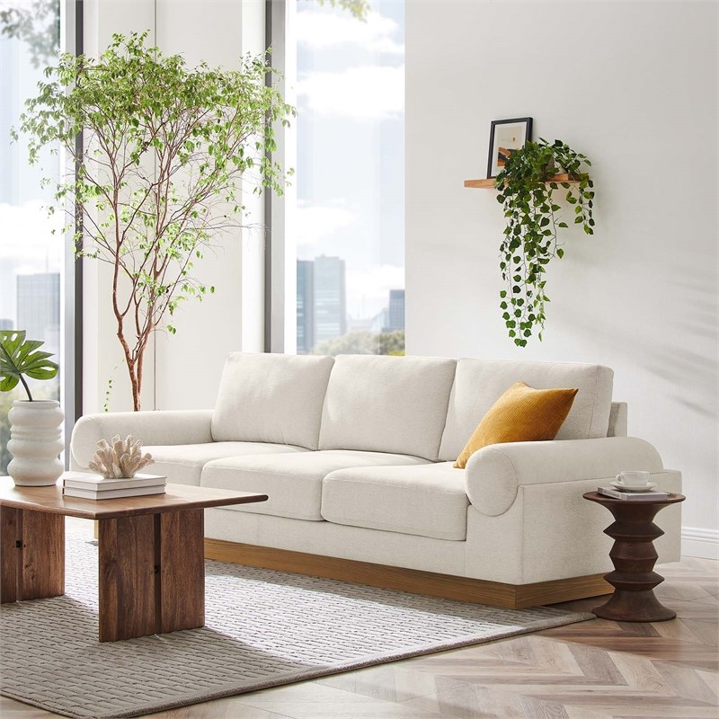 Pemberly Row Oasis Upholstered Fabric Sofa with Bolster Armrests in Ivory