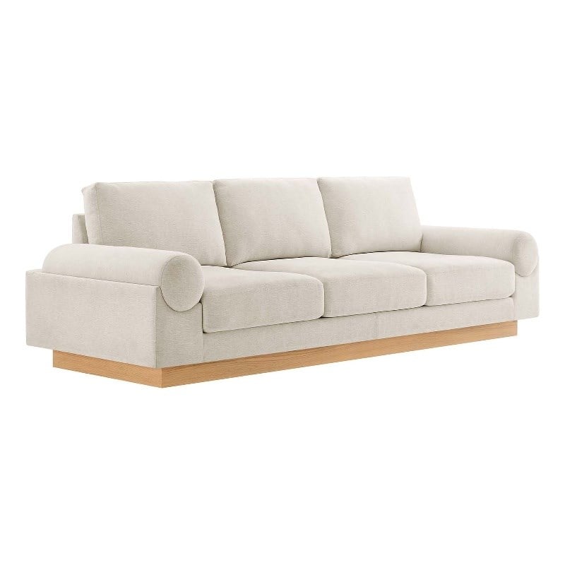 Pemberly Row Oasis Upholstered Fabric Sofa with Bolster Armrests in Ivory