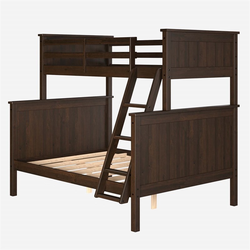 Pemberly Row Twin Over Full Bunk Bed in Walnut Wood with Guard Rails