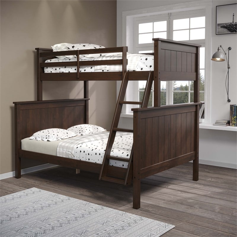 Pemberly Row Twin Over Full Bunk Bed in Walnut Wood with Guard Rails