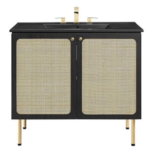 Pemberly Row 36&quot Rattan Bathroom Vanity in Black with Adjustable Shelf