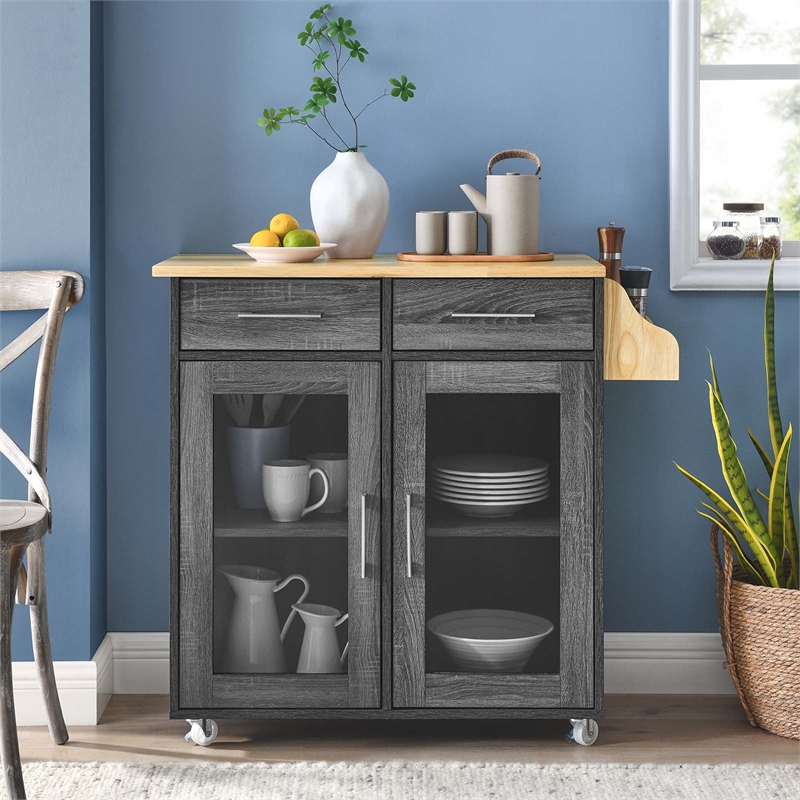 Pemberly Row Rolling Kitchen Cart with Drawers in Charcoal/Natural