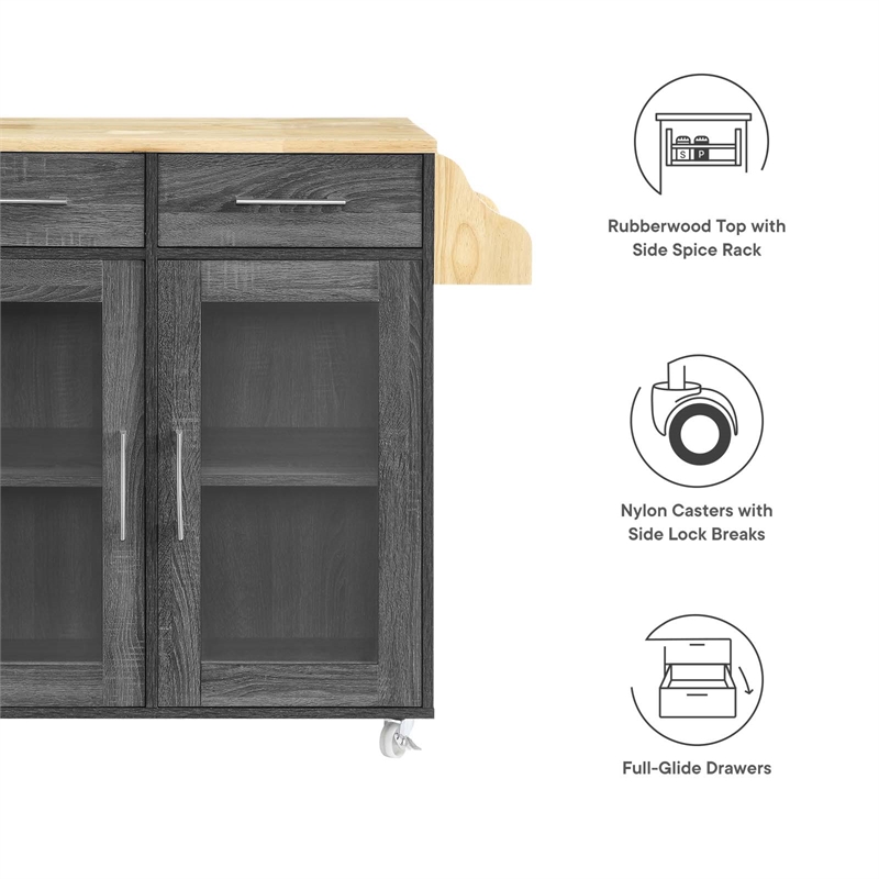 Pemberly Row Rolling Kitchen Cart with Drawers in Charcoal/Natural