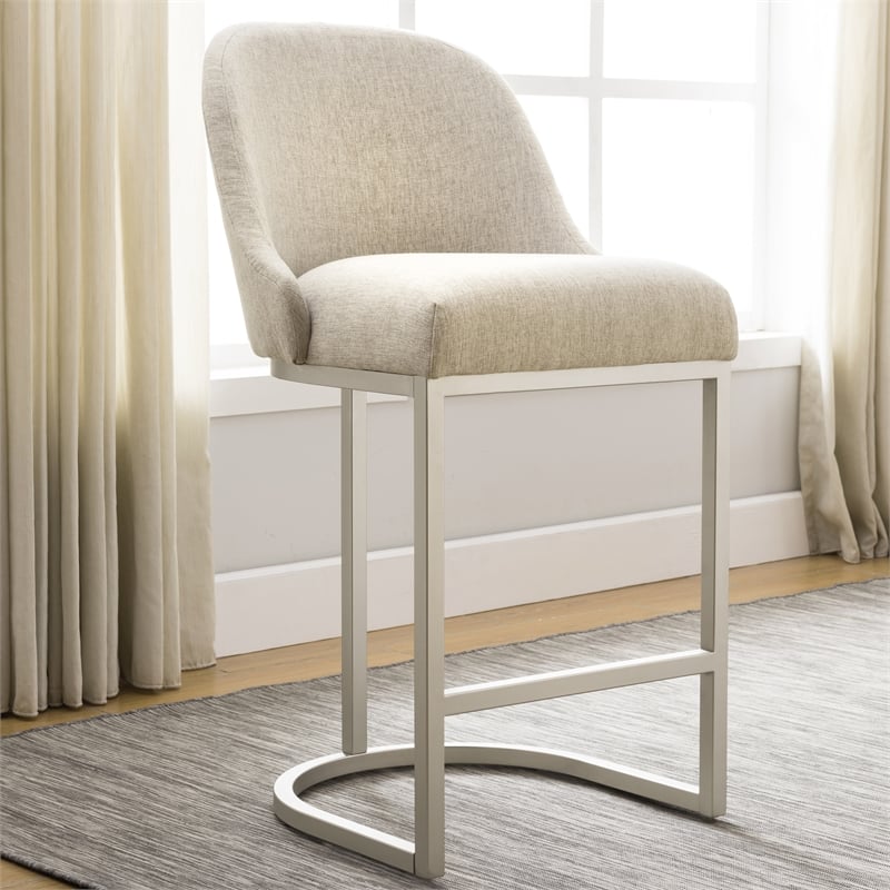 Pemberly Row Barrelback Counter Stool Set of 4 with Metal Base in Pewter/Oatmeal