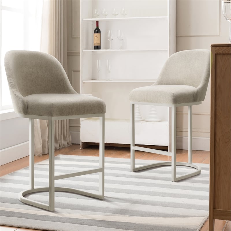 Pemberly Row Barrelback Counter Stool Set of 4 with Metal Base in Pewter/Oatmeal