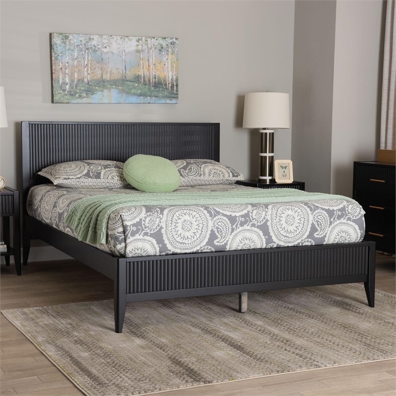 Pemberly Row Black Mid-Century Fluted Queen Platform Bed