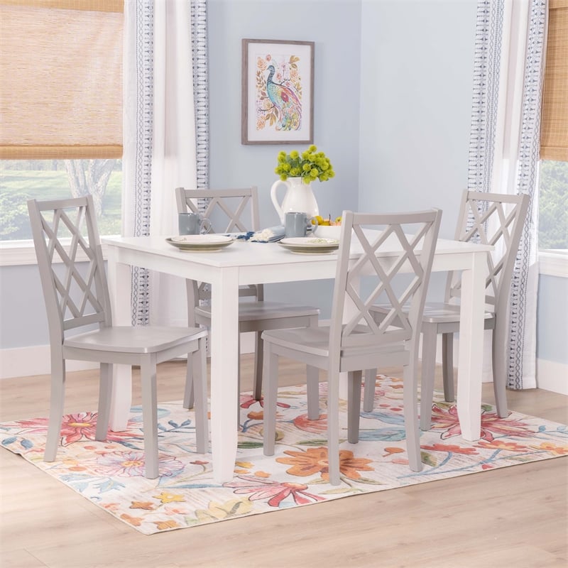 Pemberly Row 5-Piece Dining Set with White Table and Gray Chairs in Wood