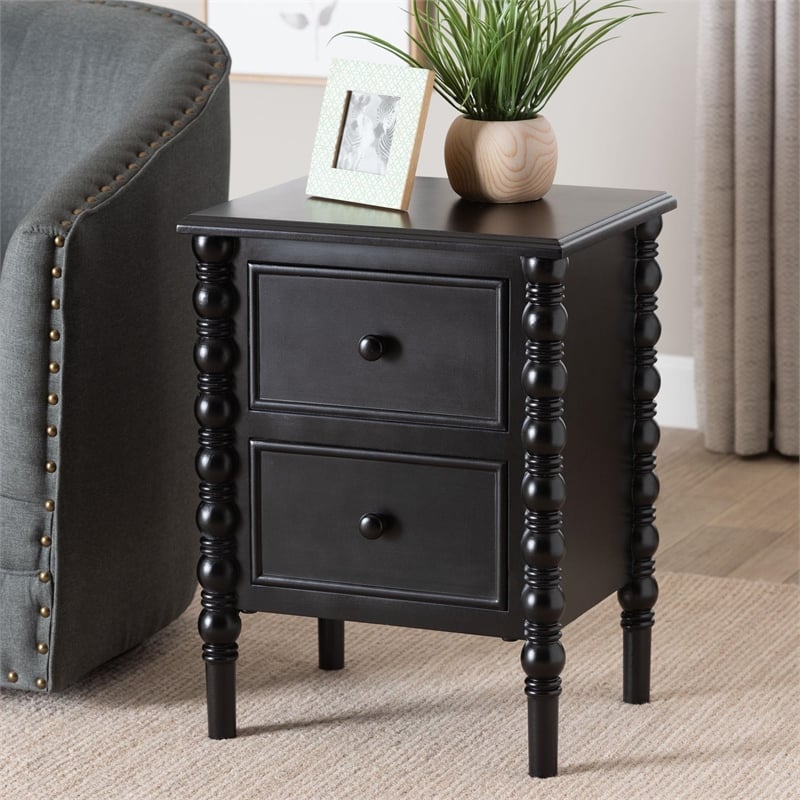 Pemberly Row Wood 2-Drawer End Table with Spindle Legs in Black