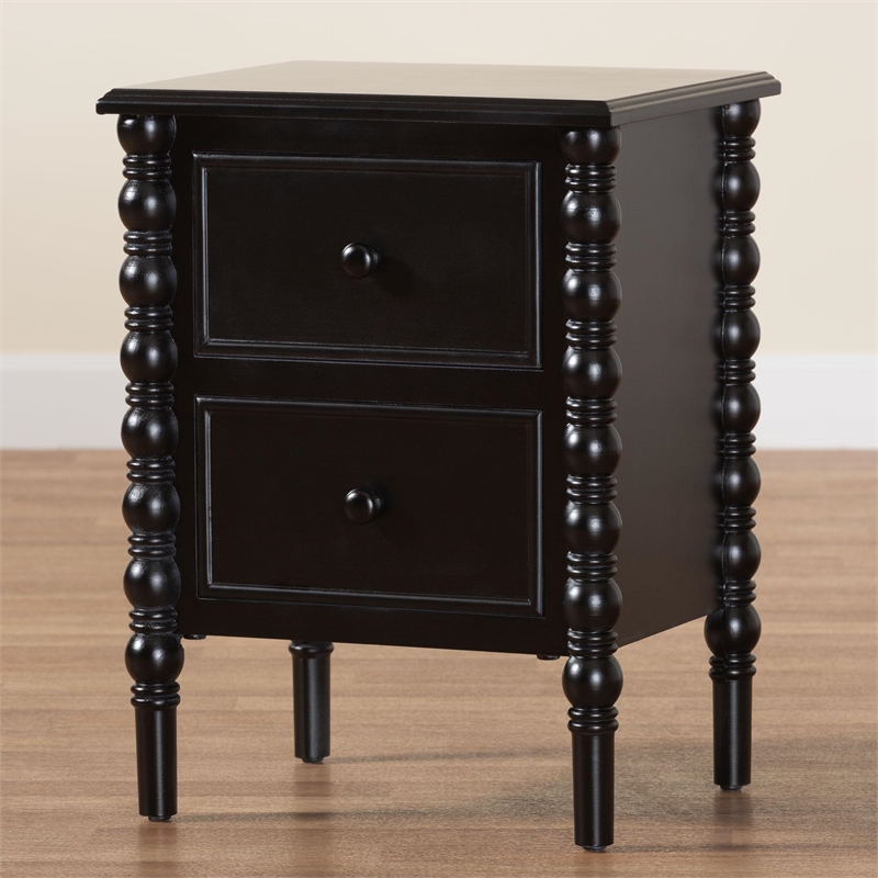 Pemberly Row Wood 2-Drawer End Table with Spindle Legs in Black