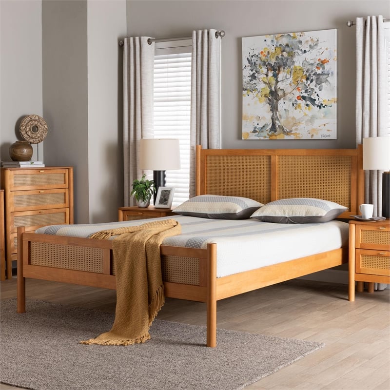 Pemberly Row Japandi Queen Size Wood Platform Bed in Brown