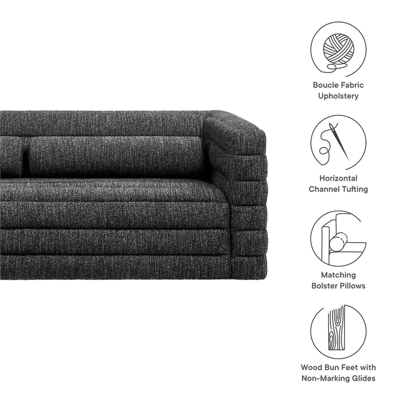 Pemberly Row Channel Tufted Boucle Sofa in Charcoal Upholstery with 3 Seats