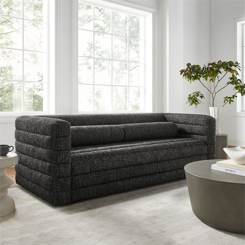 Pemberly Row Channel Tufted Boucle Sofa in Charcoal Upholstery with 3 Seats