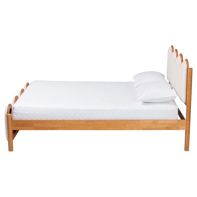 Pemberly Row Queen Platform Bed in Cream Boucle and Solid Rubberwood