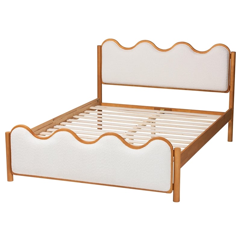 Pemberly Row Queen Platform Bed in Cream Boucle and Solid Rubberwood