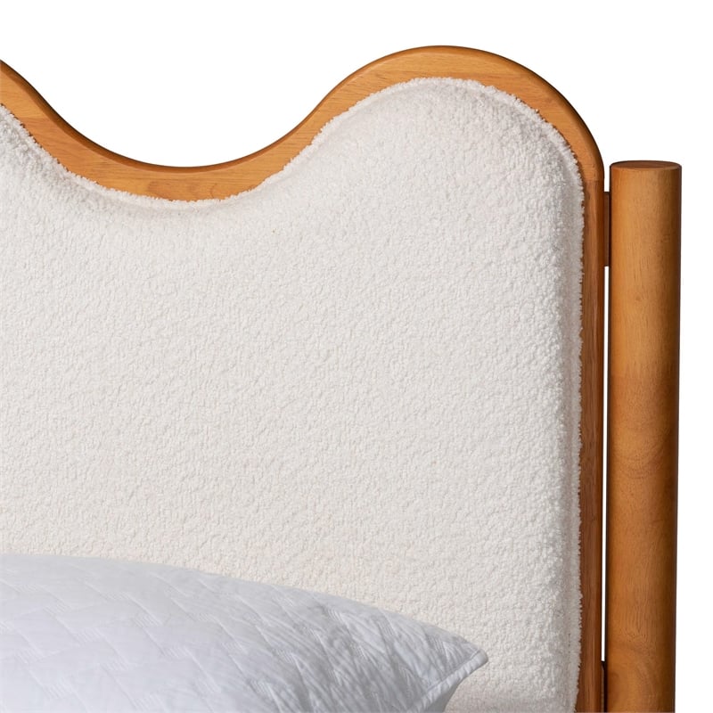 Pemberly Row Queen Platform Bed in Cream Boucle and Solid Rubberwood