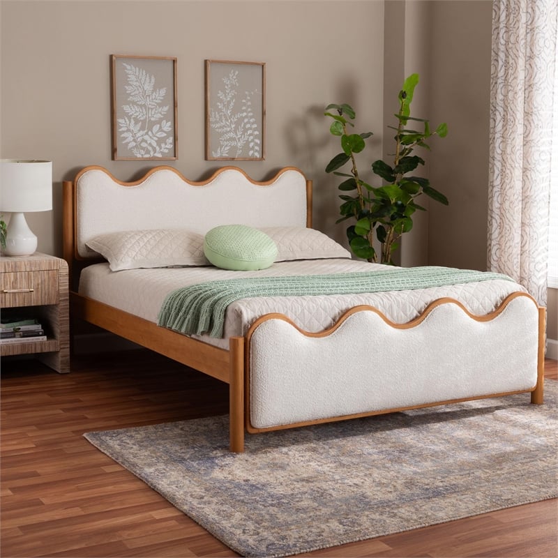 Pemberly Row Queen Platform Bed in Cream Boucle and Solid Rubberwood