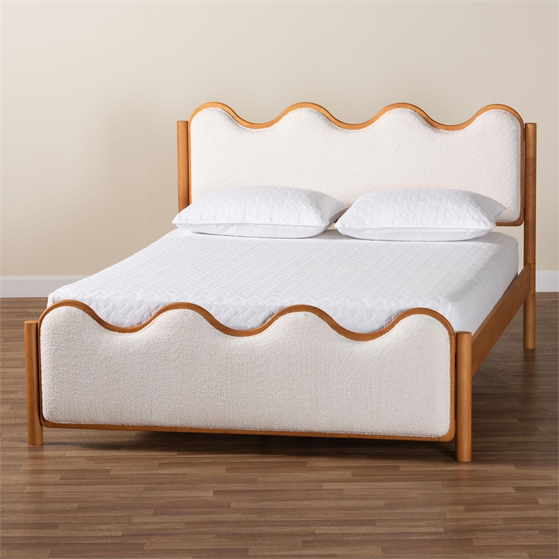 Pemberly Row Queen Platform Bed in Cream Boucle and Solid Rubberwood