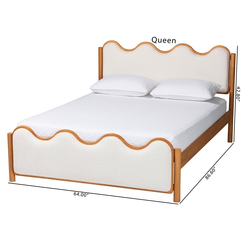 Pemberly Row Queen Platform Bed in Cream Boucle and Solid Rubberwood