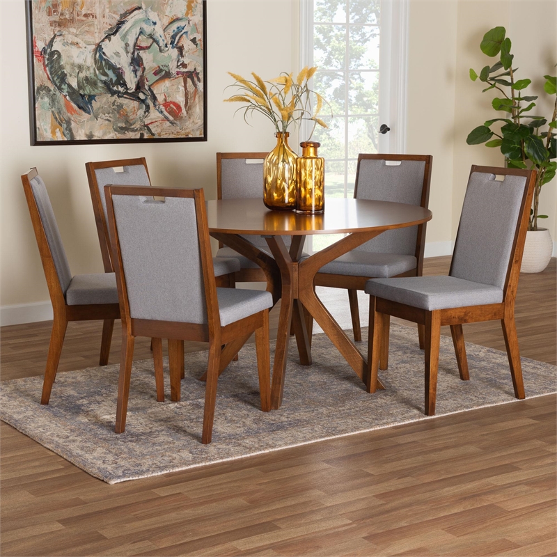 Pemberly Row 7-Piece Dining Set with Round Table in Grey and Walnut Wood